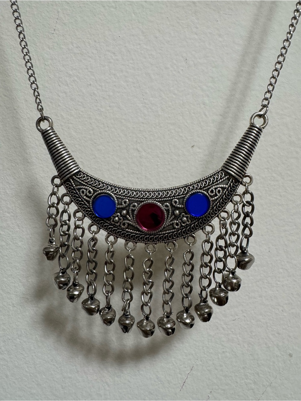 Silver-Tone Fringe Necklace with Blue and Red Accent Stones